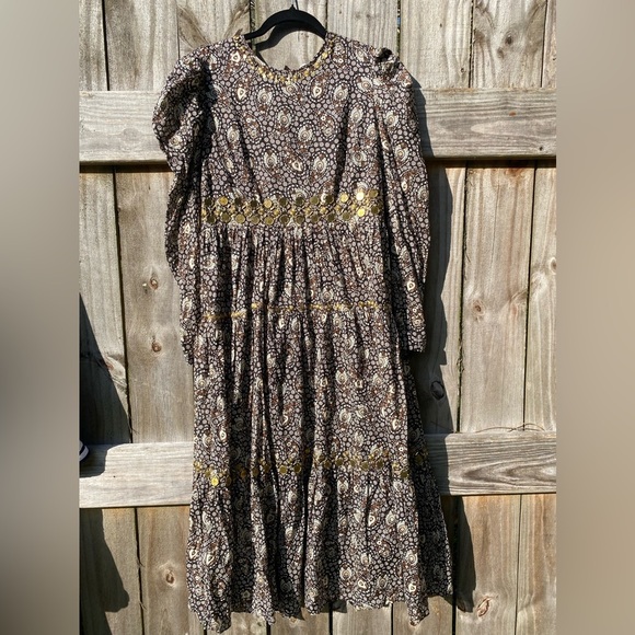 Michael Kors Floral with Bronzed Metallic trimming Long Sleeve Maxi Dress - Picture 1 of 12